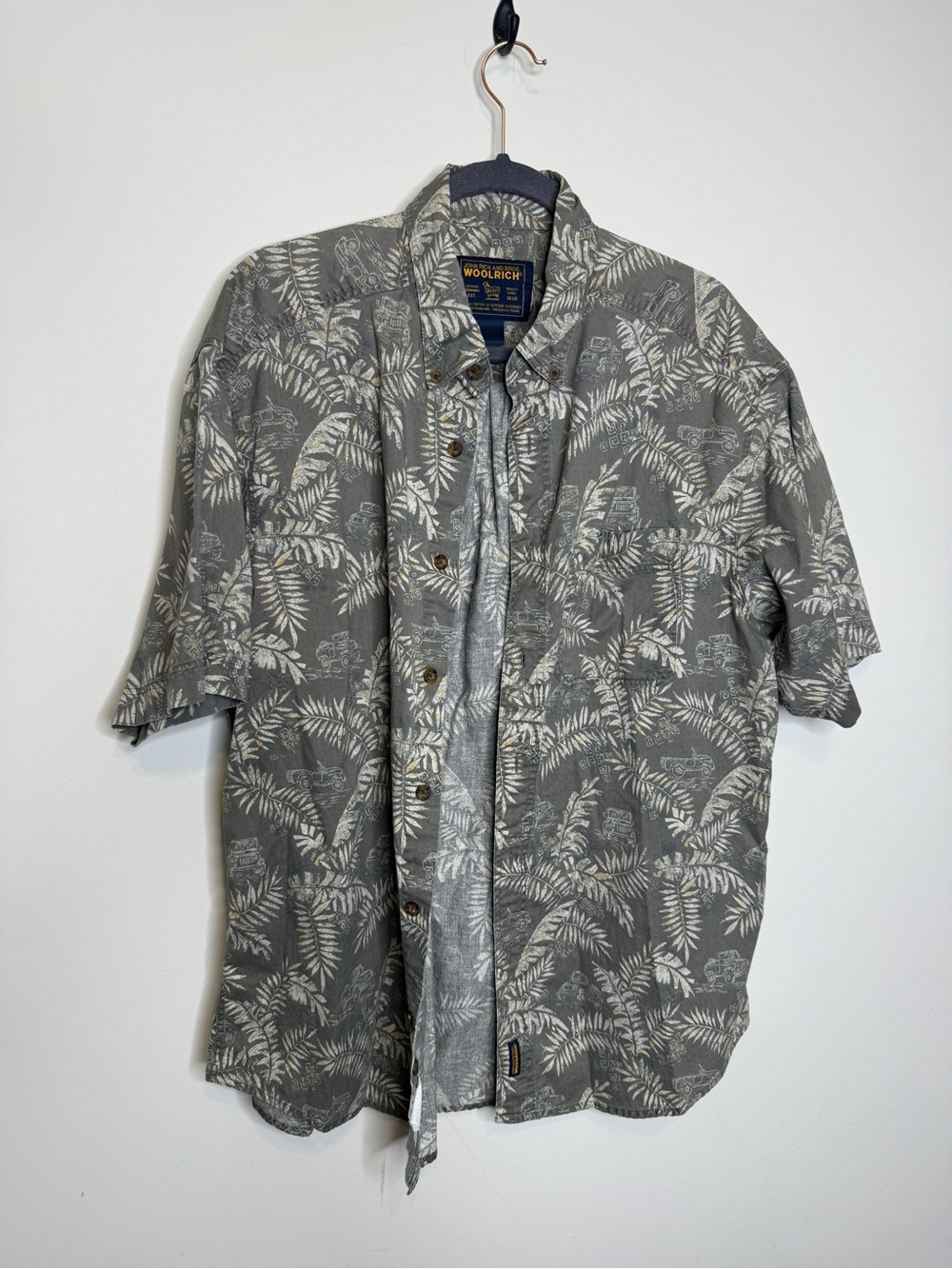 Woolrich Gray and Off-White Tropical Leaf Short-Sleeve Button-Down